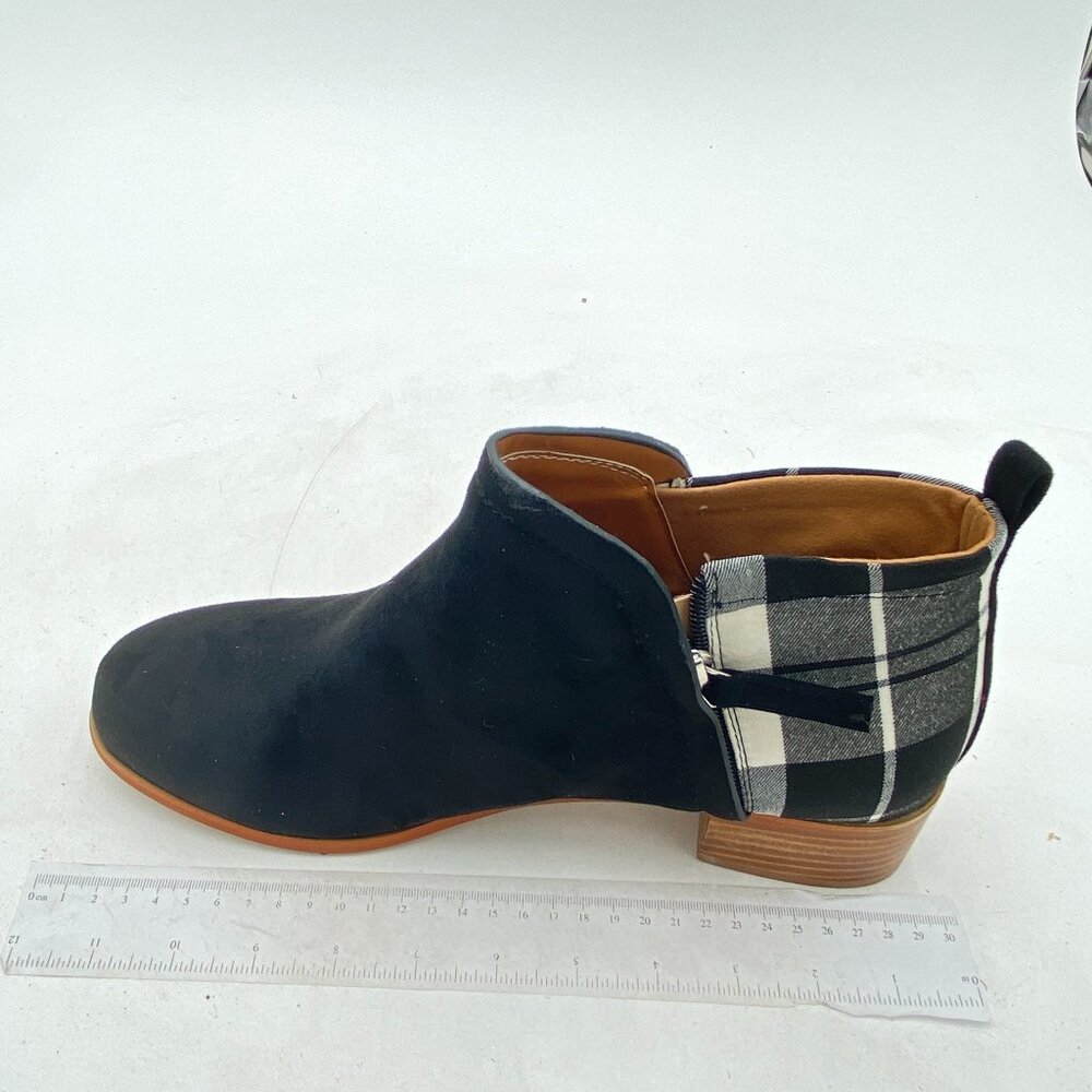 Black Stacked Ankle Bootie Almond Toe Block Low Heel Pumps V Cut Zippers Shoe